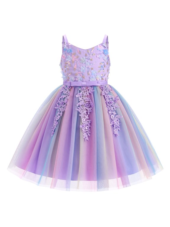 Toddler Girls Rainbow Tulle Birthday Dress Sequin Pageant Dress V-Neck Kids Birthday Princess Party Dress, Toddler Formal Ball Gown Rainbow Purple