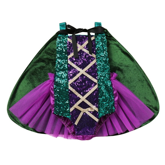IBTOM CASTLE Toddler Girls Sanderson Sisters Costumes Kids Witch Sequin Backless Romper Tulle Dress with Cloak Halloween Cosplay Carnival Fancy Dress up Outfit 6-12 Months Green-Winifred