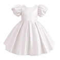 thumbnail image 1 of IBTOM CASTLE Toddler Girls Satin Short Puff Sleeve Flower Girl Dress Baby Girl Birthday Party Ruffle Formal Bowknot Wedding Guest Dress 2-3T White, 1 of 7