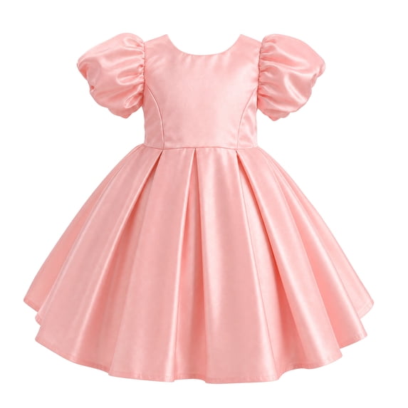 IBTOM CASTLE Toddler Girls Satin Short Puff Sleeve Flower Girl Dress Baby Girl Birthday Party Ruffle Formal Bowknot Wedding Guest Dress Pink
