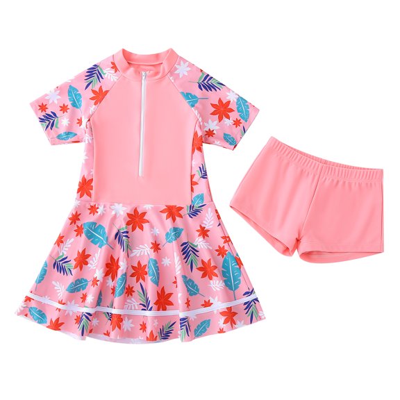 IBTOM CASTLE Toddler Girls Swimsuit Short Sleeve Zipper Swimdress   Shorts Two Piece Bathing Suits for Kids Teens Beachwear Swimwear 2-3 Years Light Pink