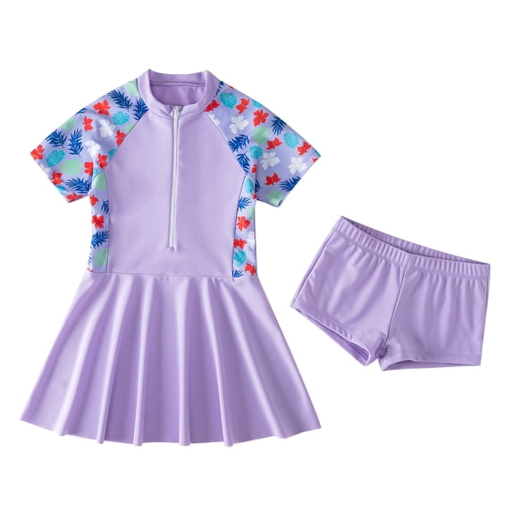 IBTOM CASTLE Toddler Girls Swimsuit Short Sleeve Zipper Swimdress + Shorts Two Piece Bathing Suits for Kids Teens Beachwear Swimwear 9-10 Years Purple