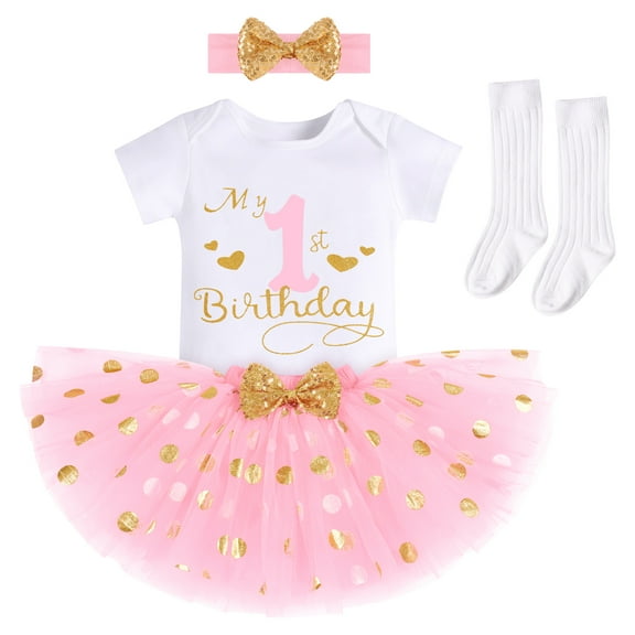 IBTOM CASTLE Toddler Infant Baby Girls It's My 1/2 / 1st / 2nd / 3rd Birthday Outfit Romper   Tutu Skirt   Headband   Socks Princess Clothes Set for Cake Smash 1 Year Pink