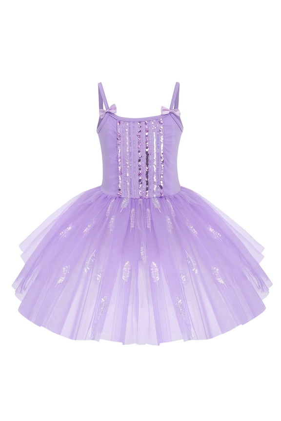 Toddler Kid Girls Sequins Fringes Camisole Ballet Dance Dress Glitter Feather Tutu Skirted Leotard Ballerina Dancewear 3-4 Years Purple
