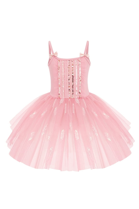 Toddler Kid Girls Sequins Fringes Camisole Ballet Dance Dress Glitter Feather Tutu Skirted Leotard Ballerina Dancewear 5-6 Years Pink