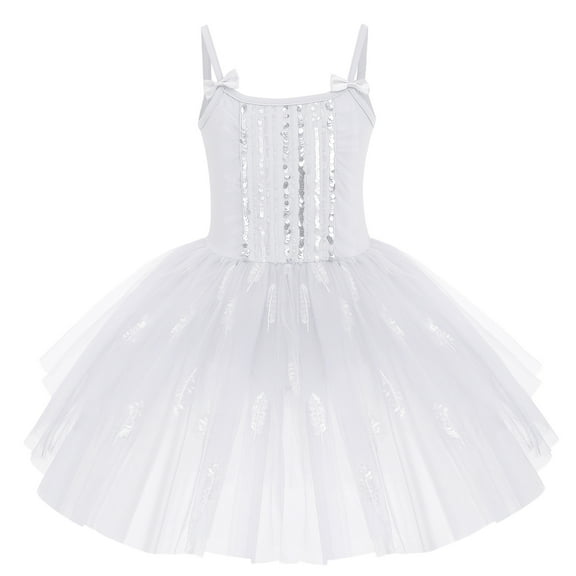 IBTOM CASTLE Toddler Kid Girls Sequins Fringes Camisole Ballet Dance Dress Glitter Feather Tutu Skirted Leotard Ballerina Dancewear 7-8 Years White