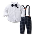 thumbnail image 1 of IBTOM CASTLE Toddler Kids Baby Boys Formal Suit Gentleman White Shirt with Bowtie + Suspender Shorts Pants Overalls Clothes 12-18 Months Navy Blue Plaid, 1 of 6