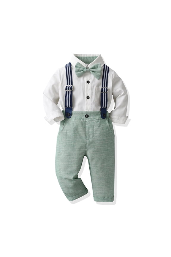 Toddler Kids Baby Boys Formal Suit Gentleman White Shirt with Bowtie + Suspender Shorts Pants Overalls Clothes 12-18 Months Green