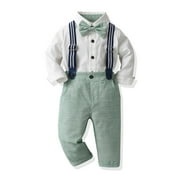 IBTOM CASTLE Toddler Kids Baby Boys Formal Suit Gentleman White Shirt with Bowtie + Suspender Shorts Pants Overalls Clothes 18-24 Months Green