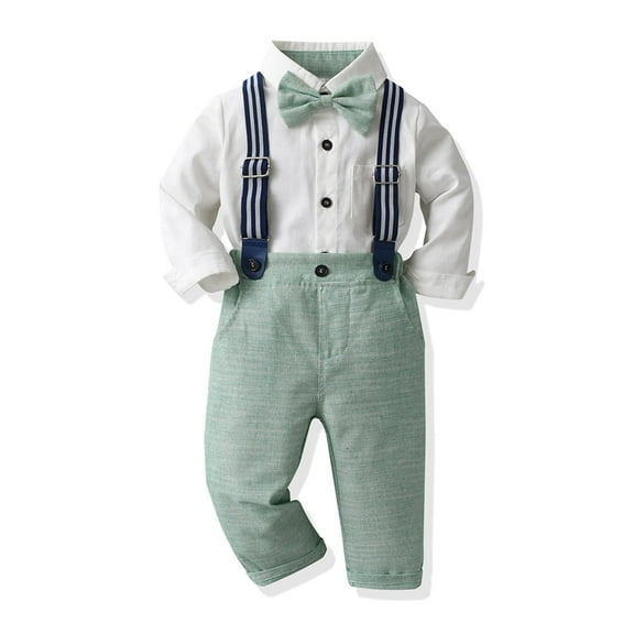 IBTOM CASTLE Toddler Kids Baby Boys Formal Suit Gentleman White Shirt with Bowtie + Suspender Shorts Pants Overalls Clothes 3-4 Years Green
