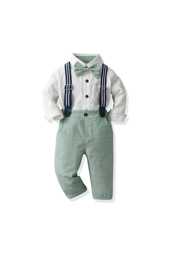 Toddler Kids Baby Boys Formal Suit Gentleman White Shirt with Bowtie + Suspender Shorts Pants Overalls Clothes 3-4 Years Green