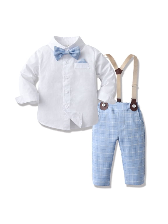 Toddler Kids Baby Boys Formal Suit Gentleman White Shirt with Bowtie + Suspender Shorts Pants Overalls Clothes 4-5 Years Blue Plaid