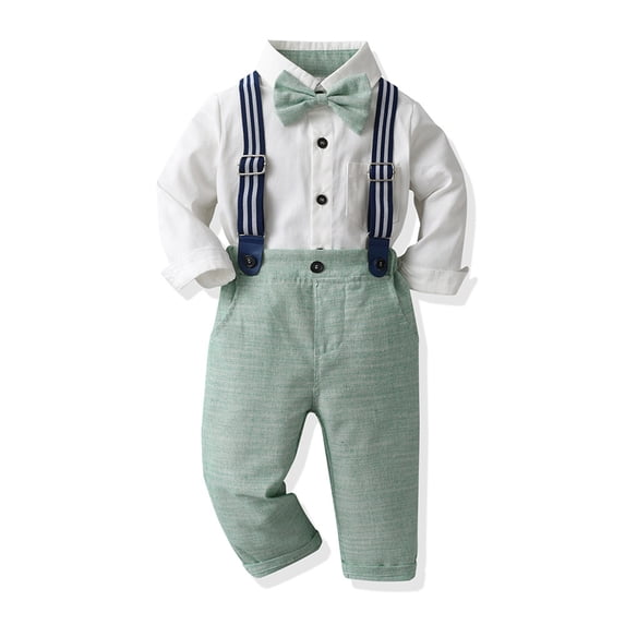 IBTOM CASTLE Toddler Kids Baby Boys Formal Suit Gentleman White Shirt with Bowtie + Suspender Shorts Pants Overalls Clothes 6-12 Months Green