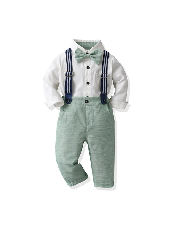 Toddler Kids Baby Boys Formal Suit Gentleman White Shirt with Bowtie + Suspender Shorts Pants Overalls Clothes 6-12 Months Green