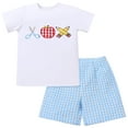 thumbnail image 1 of IBTOM CASTLE Toddler Kids Boys Back to School Outfit Top with Shorts Schoolbus Embroidered Kindergarten Clothes 6-7 Years White + Blue Plaid, 1 of 8