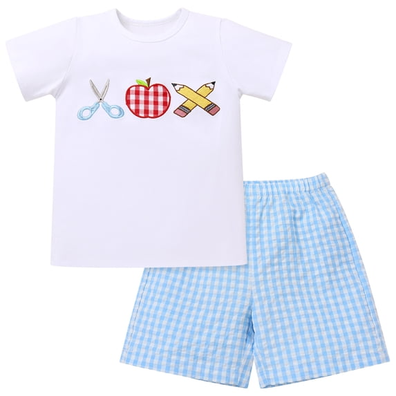 IBTOM CASTLE Toddler Kids Boys Back to School Outfit Top with Shorts Schoolbus Embroidered Kindergarten Clothes 6-7 Years White + Blue Plaid