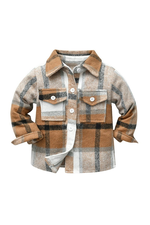 Toddler Kids Boys Girls Flannel Plaid Shirt Jacket Long Sleeve Lapel Button Down Pocketed Shirts Regular Fit Casual Fall Winter Coat 12-18 Months Coffee