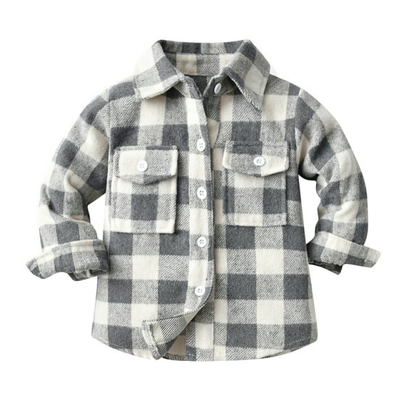 IBTOM CASTLE Toddler Kids Boys Girls Flannel Plaid Shirt Jacket Long Sleeve Lapel Button Down Pocketed Shirts Regular Fit Casual Fall Winter Coat 18-24 Months Gray