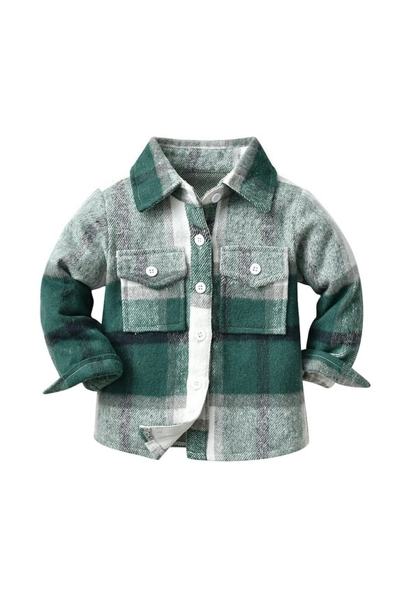 Toddler Kids Boys Girls Flannel Plaid Shirt Jacket Long Sleeve Lapel Button Down Pocketed Shirts Regular Fit Casual Fall Winter Coat 2-3 Years Green