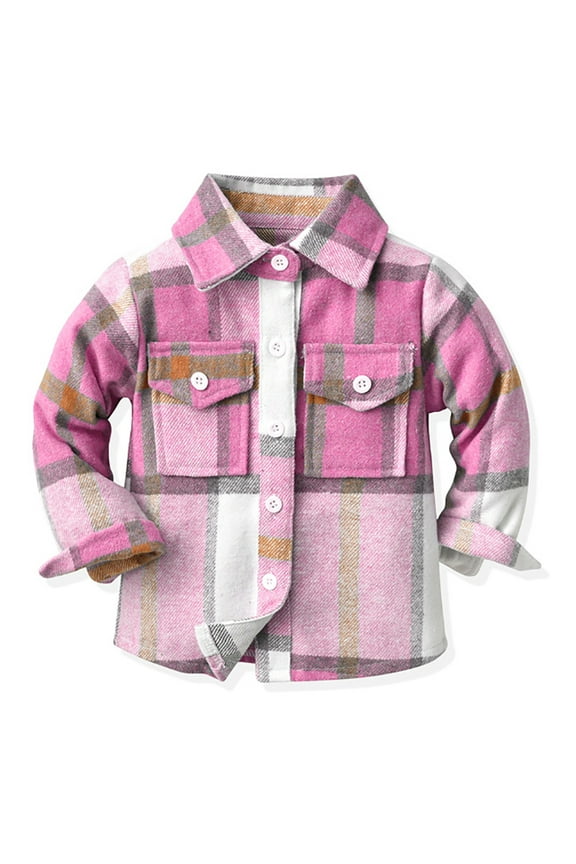 Toddler Kids Boys Girls Flannel Plaid Shirt Jacket Long Sleeve Lapel Button Down Pocketed Shirts Regular Fit Casual Fall Winter Coat 2-3 Years Pink