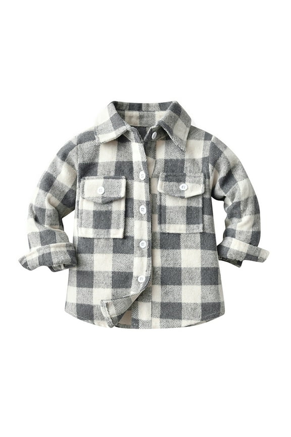 Toddler Kids Boys Girls Flannel Plaid Shirt Jacket Long Sleeve Lapel Button Down Pocketed Shirts Regular Fit Casual Fall Winter Coat 3-4 Years Gray