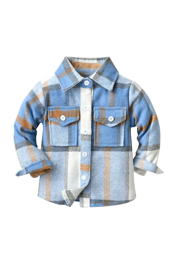 Toddler Kids Boys Girls Flannel Plaid Shirt Jacket Long Sleeve Lapel Button Down Pocketed Shirts Regular Fit Casual Fall Winter Coat 3-4 Years Blue