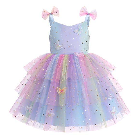 IBTOM CASTLE Toddler Kids Flower Applique Pageant Tulle Dress Shiny Sequin Butterfly Fairy Dress for Birthday Wedding Graduation Dance Formal Easter Blue
