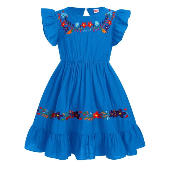 IBTOM CASTLE Toddler Kids Girl Mexican Ruffle A-Line Dress Traditional Floral Embroidery Ethnic Wear Fiesta Dresses 12-18 Months Blue