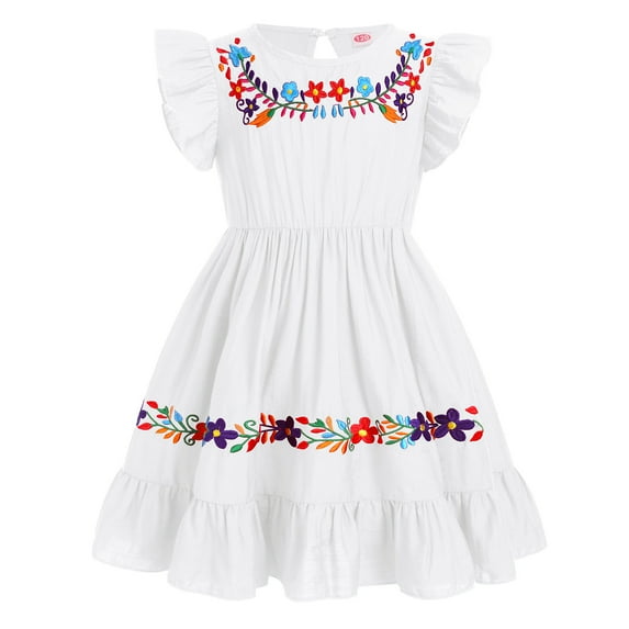 IBTOM CASTLE Toddler Kids Girl Mexican Ruffle A-Line Dress Traditional Floral Embroidery Ethnic Wear Fiesta Dresses 2-3 Years White
