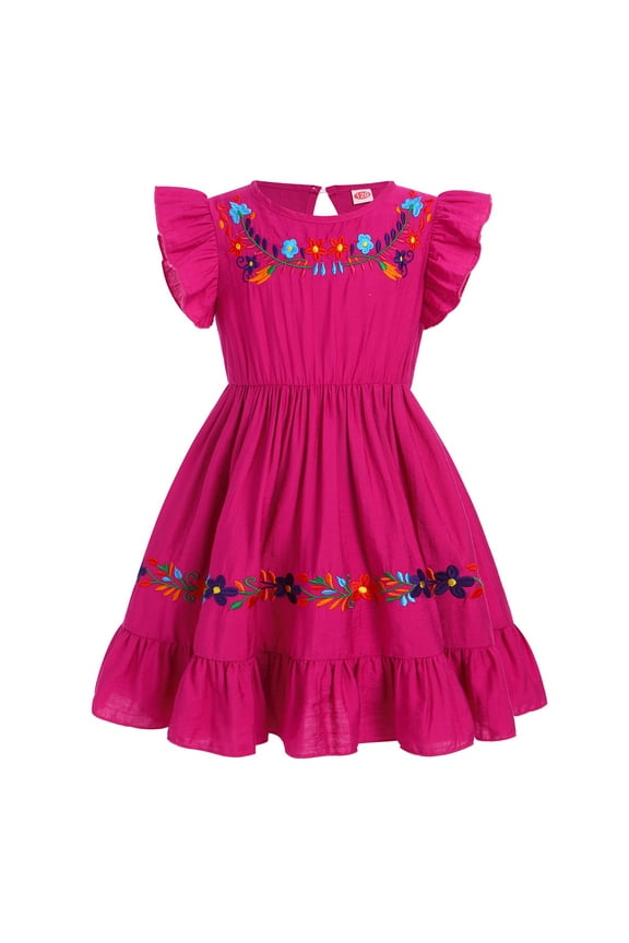 Toddler Kids Girl Mexican Ruffle A-Line Dress Traditional Floral Embroidery Ethnic Wear Fiesta Dresses 3-4 Years Hot Pink