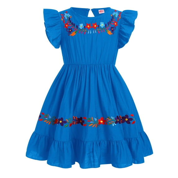 IBTOM CASTLE Toddler Kids Girl Mexican Ruffle A-Line Dress Traditional Floral Embroidery Ethnic Wear Fiesta Dresses 5-6 Years Blue