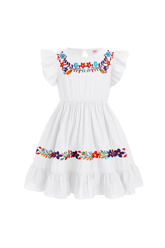 Toddler Kids Girl Mexican Ruffle A-Line Dress Traditional Floral Embroidery Ethnic Wear Fiesta Dresses 5-6 Years White