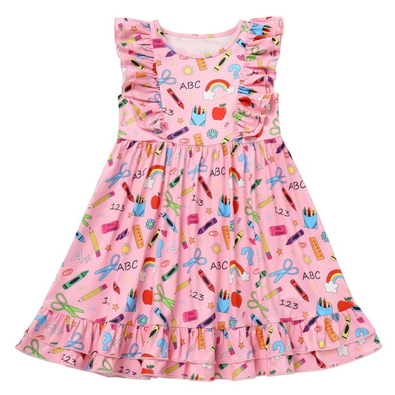 IBTOM CASTLE Toddler Kids Girls Back to School Dress Ruffle Sleeve Pencil Print Kindergarten First Day of School Dress 4-5 Years Pink Pencil