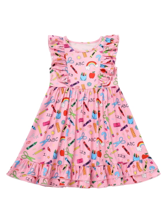 Toddler Kids Girls Back to School Dress Ruffle Sleeve Pencil Print Kindergarten First Day of School Dress 4-5 Years Pink Pencil