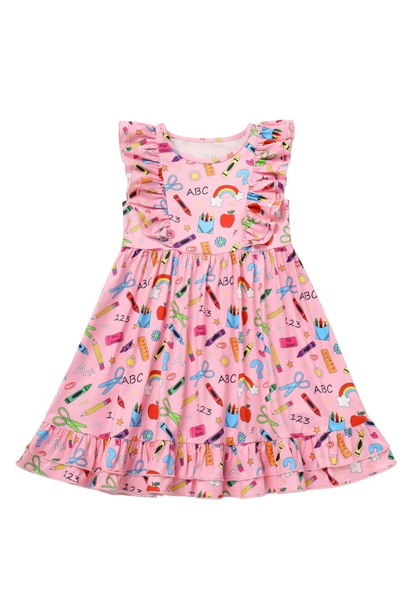 Toddler Kids Girls Back to School Dress Ruffle Sleeve Pencil Print Kindergarten First Day of School Dress 4-5 Years Pink Pencil