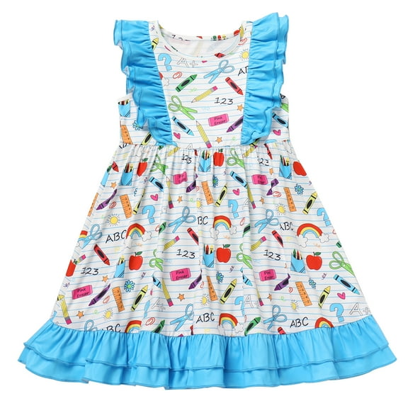 IBTOM CASTLE Toddler Kids Girls Back to School Dress Ruffle Sleeve Pencil Print Kindergarten First Day of School Dress 6-7 Years Blue Pencil