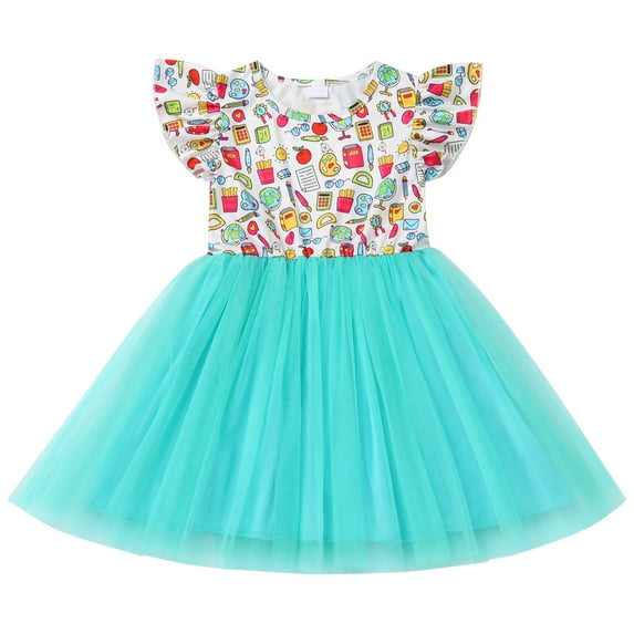 IBTOM CASTLE Toddler Kids Girls Back to School Dress Tulle Tutu Pencil Print Kindergarten First Day of School Dresses 4-5 Years Aqua Apple