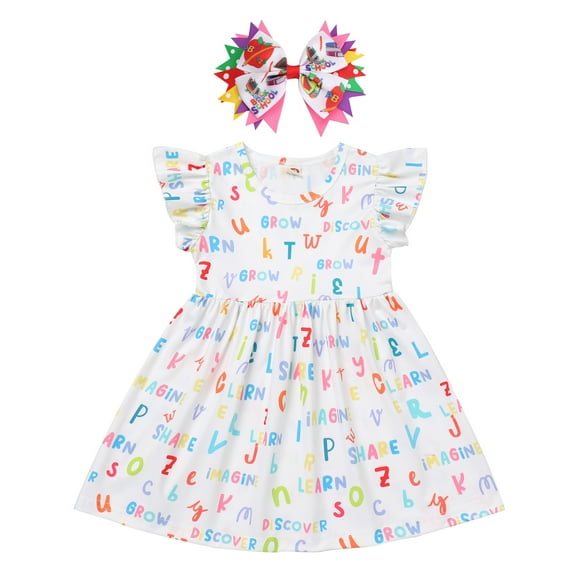 IBTOM CASTLE Toddler Kids Girls Back to School Dress with Hair Bow Pencil Print Kindergarten First Day of School Outfit 4-5 Years White