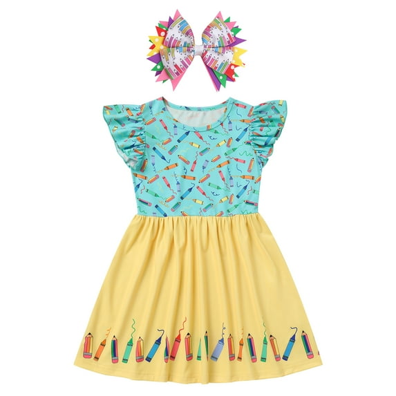 IBTOM CASTLE Toddler Kids Girls Back to School Dress with Hair Bow Pencil Print Kindergarten First Day of School Outfit 5-6 Years Aqua Pencil
