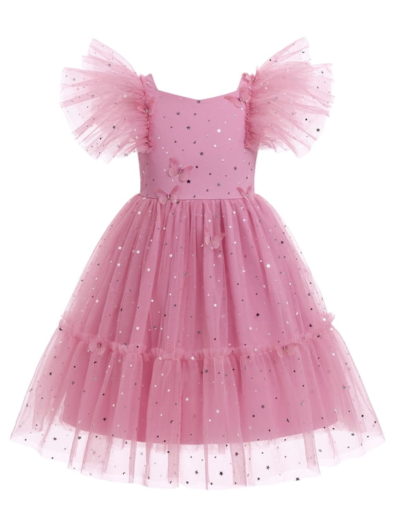 Toddler Kids Girls Butterfly Dress Sparkle Tulle Ruffle Sleeve Wedding Formal Birthday Pageant Shoot Dresses Hot Pink