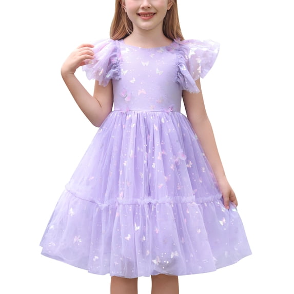 IBTOM CASTLE Toddler Kids Girls Butterfly Dress Sparkle Tulle Ruffle Sleeve Wedding Formal Birthday Pageant Shoot Dresses Purple