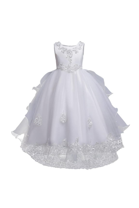 Toddler Kids Girls Flower Dress Formal Princess Puffy Tulle Dresses Bridesmaid Wedding Communion Birthday Party Pageant Maxi Prom Gown for Child 4-5 Years White