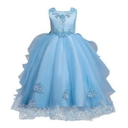 IBTOM CASTLE Toddler Kids Girls Flower Dress Formal Princess Puffy Tulle Dresses Bridesmaid Wedding Communion Birthday Party Pageant Maxi Prom Gown for Child 10-11 Years Light Blue