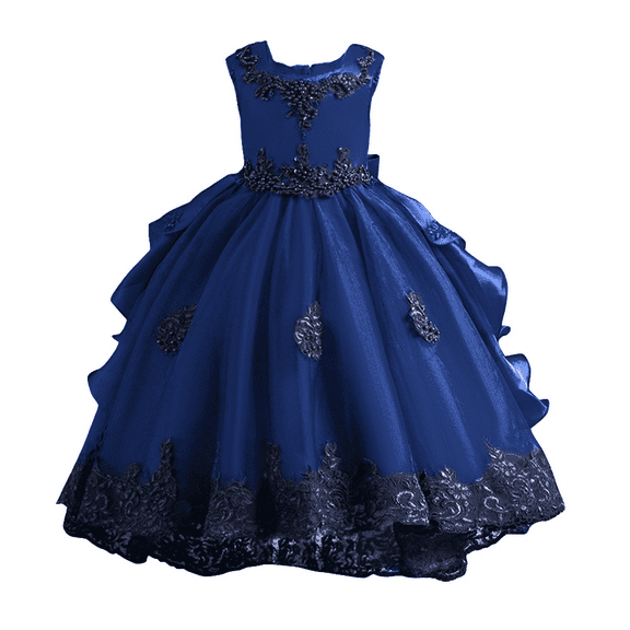 IBTOM CASTLE Toddler Kids Girls Flower Dress Formal Princess Puffy Tulle Dresses Bridesmaid Wedding Communion Birthday Party Pageant Maxi Prom Gown for Child 10-11 Years Dark Blue