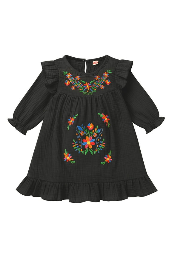 Toddler Kids Girls Mexican Dress Long Sleeve Floral Embroidery Dress Cinco de Mayo Fiesta Birthday Party Dresses 12-18 Months Black