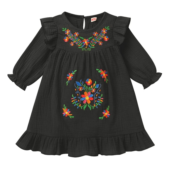 IBTOM CASTLE Toddler Kids Girls Mexican Dress Long Sleeve Floral Embroidery Dress Cinco de Mayo Fiesta Birthday Party Dresses 3-4 Years Black