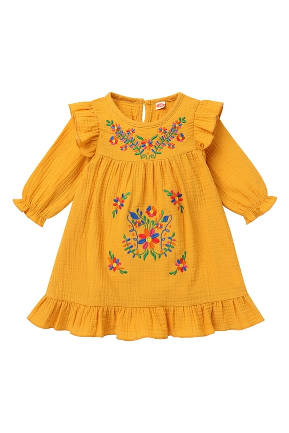 Toddler Kids Girls Mexican Dress Long Sleeve Floral Embroidery Dress Cinco de Mayo Fiesta Birthday Party Dresses 3-4 Years Yellow