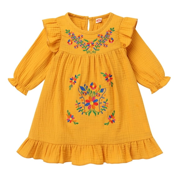 IBTOM CASTLE Toddler Kids Girls Mexican Dress Long Sleeve Floral Embroidery Dress Cinco de Mayo Fiesta Birthday Party Dresses 5-6 Years Yellow