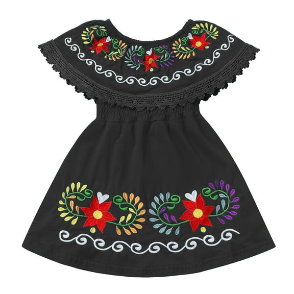 IBTOM CASTLE Toddler Kids Girls Summer Floral Embroidered Birthday Party Dress 5-6 Years Black
