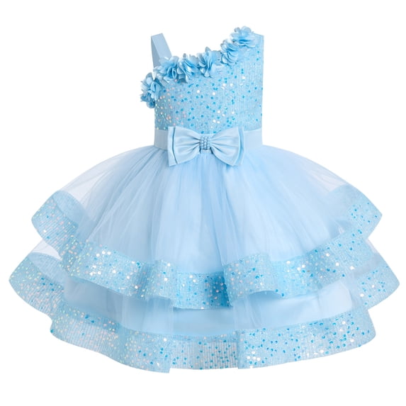IBTOM CASTLE Toddler Kids Girls Pageant Sequin Flower Dress, Shiny Asymmetric Shoulder Formal Party Tiered Tulle Gowns 2-8T 4-5 Years Blue